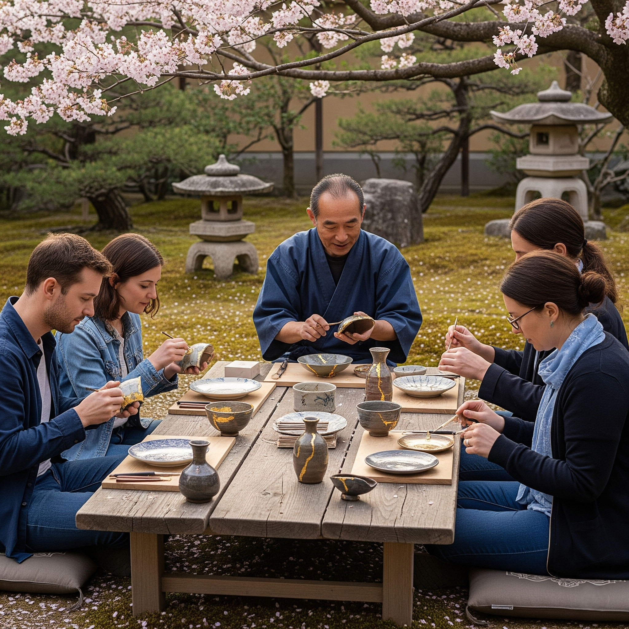 Tourist learning Kintsugi pottery repair in Kyoto workshop